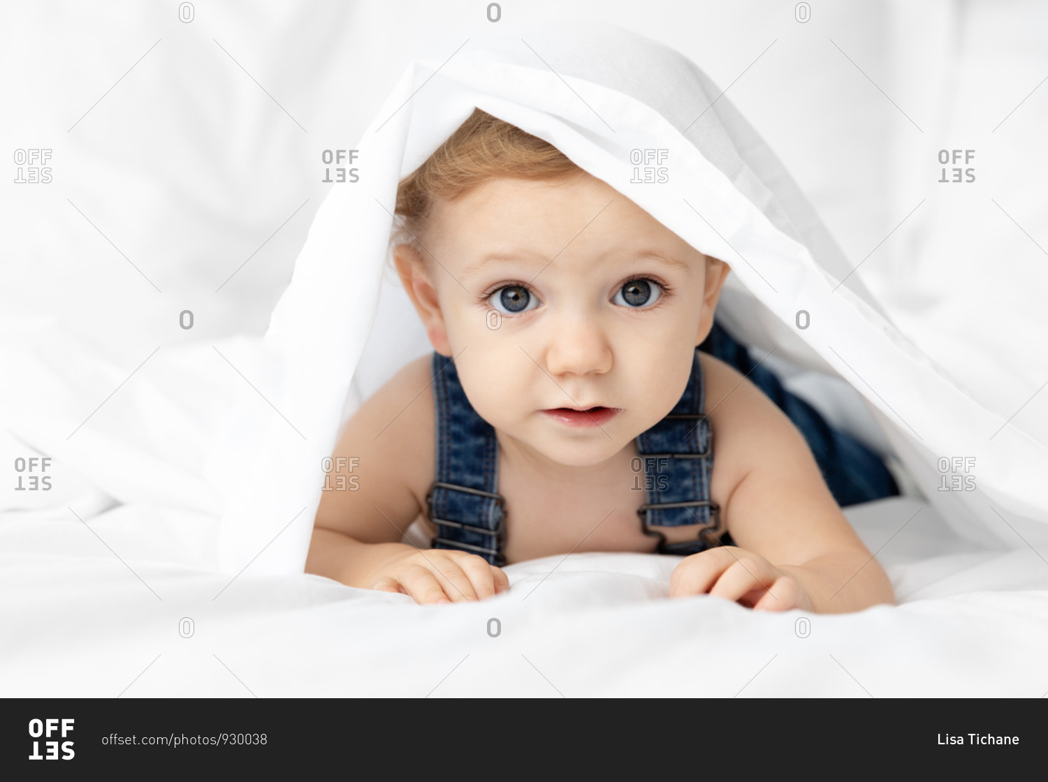 Cute Baby Hiding Under White Sheet Stock Photo Offset