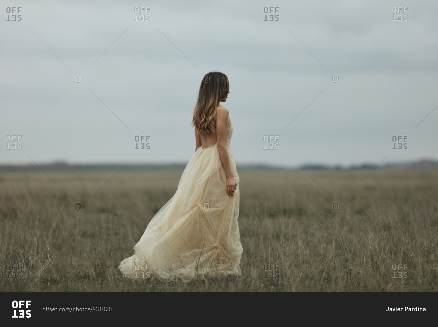 Woman with long hair walking though field wearing shear flowy dress ...