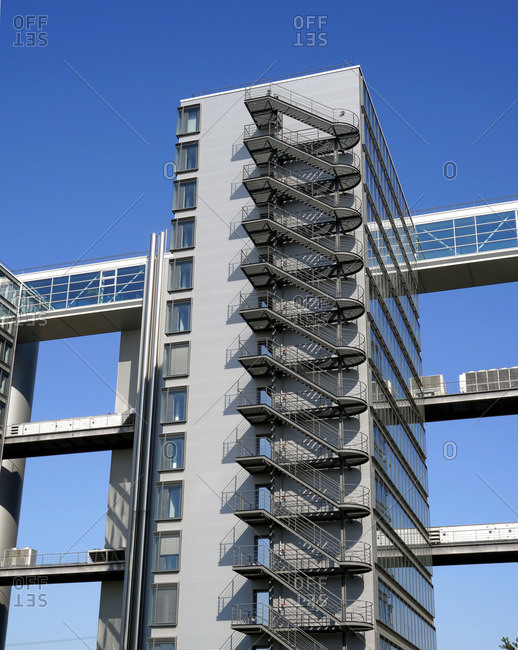 April 18, 2018: Germany, Bavaria, Munich, telecom center, office building, steel staircase, exterior