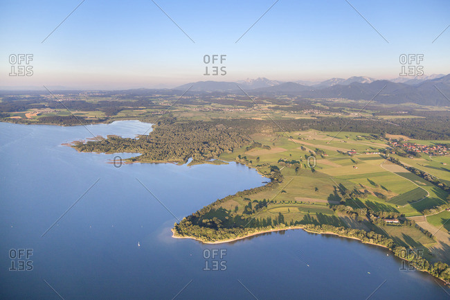 View of the Chiemsee and Chiemgau Alps, Chiemgau, Upper Bavaria, Bavaria, southern Germany, Germany, Europe