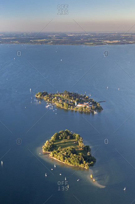 View of the Fraueninsel and Krautinsel in Chiemsee, Chiemgau, Upper Bavaria, Bavaria, southern Germany, Germany, Europe