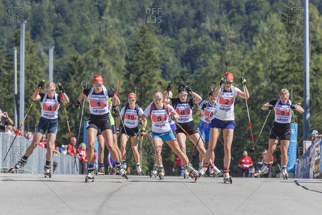 September 12, 2015: Start of the Women's Relay, German Biathlon Championship, Relay in the Chiemgau Arena, Ruhpolding, Chiemgau, Upper Bavaria, Bavaria, Germany