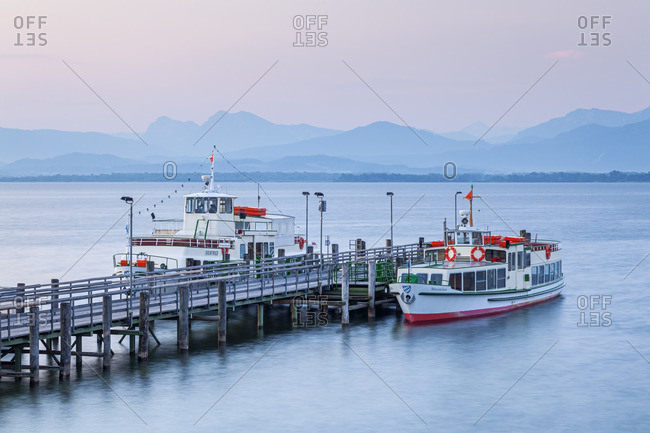 steamboat rack at Chiemsee in Gstadt, Chiemgau, Upper Bavaria, Bavaria, Southern Germany, Germany, Europe