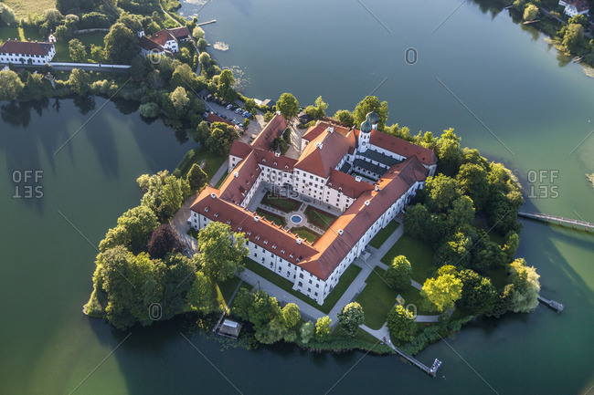 Cloister Seeon at Seeon Lake from above, Seeon-Seebruck, Chiemgau, Upper Bavaria, Bavaria, southern Germany, Germany, Europe