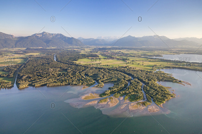 Flight over the Chiemsee with view of the delta of the Tiroler Ache, Chiemgau, Upper Bavaria, Bavaria, Southern Germany, Germany, Europe