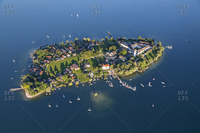 Flight over the Chiemsee with view of the Fraueninsel, Chiemgau, Upper Bavaria, Bavaria, Southern Germany, Germany, Europe