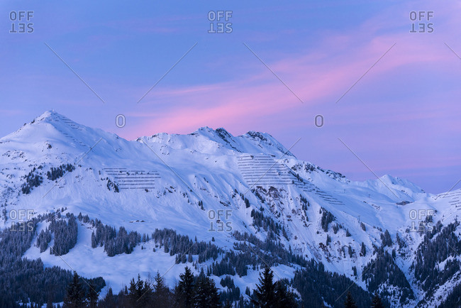 Austria, Montafon, St. Gallenkirch, Austria, Montafon, St. Gallenkirch, mountain range in the sunset.