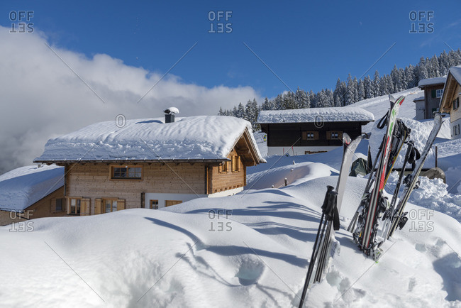 January 23, 2018: Austria, Montafon, St. Gallenkirch, holiday homes in alpine village Garfrescha.