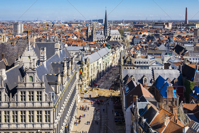 Ghent, Flanders, Belgium - April 10, 2016: View of Ghent old town from Het Belfort van Gent, Ghent, Belgium
