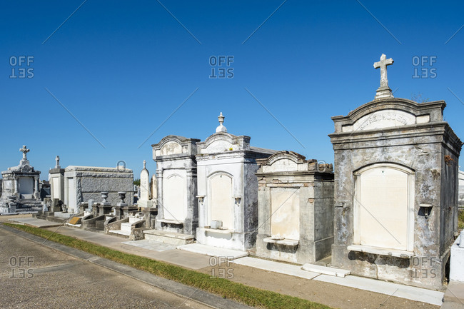 New Orleans, Louisiana, United States - September 30, 2016: Historic above-ground graves in Greenwood Cemetery, New Orleans, Louisiana, United States