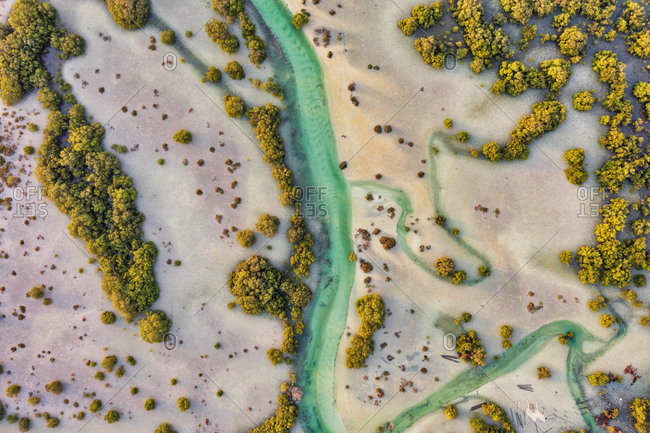 Aerial view above of stream crossing Abu Al Sayayif natural reserve, Abu Dhabi, United Arab Emirates