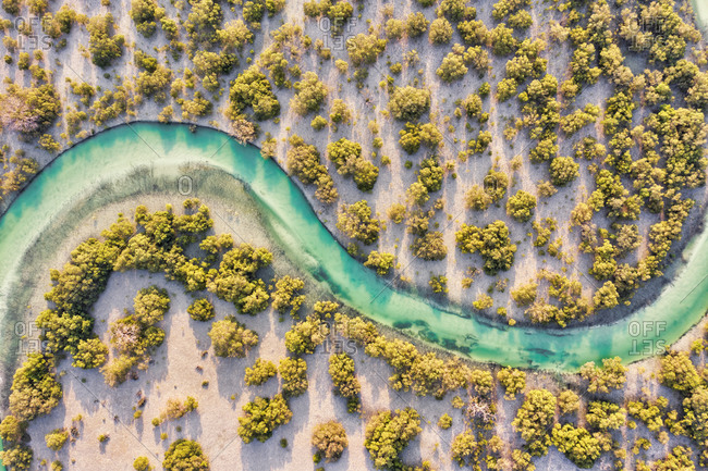 Aerial view above of stream crossing Abu Al Sayayif natural reserve, Abu Dhabi, United Arab Emirates