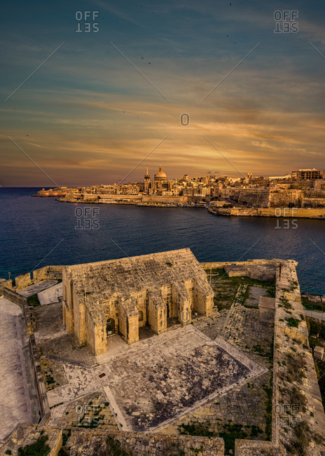 Aerial view of the Lazareth at Manoel Island with Valletta in the background