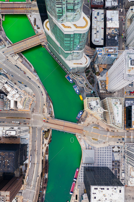 April 14, 2020: Aerial view of Chicago river dye celebrating St. Patrick's day, United States.