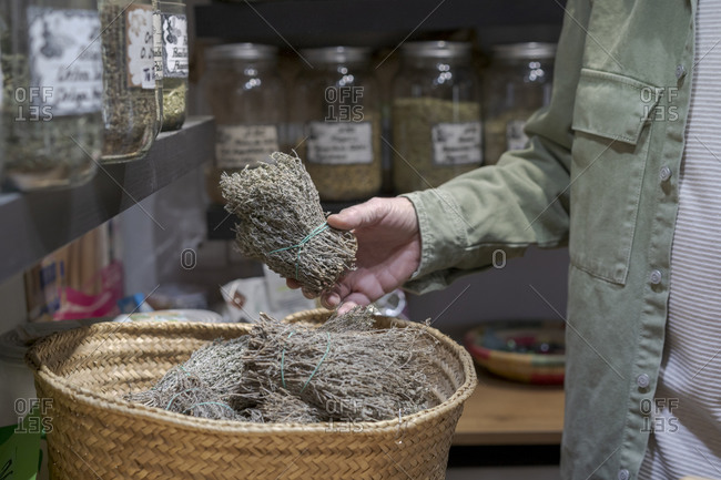 Close-up of senior man holding bunch of dried plants in a small shop