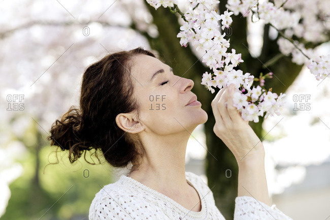 Mature woman with eyes closed smelling blossoms of tree