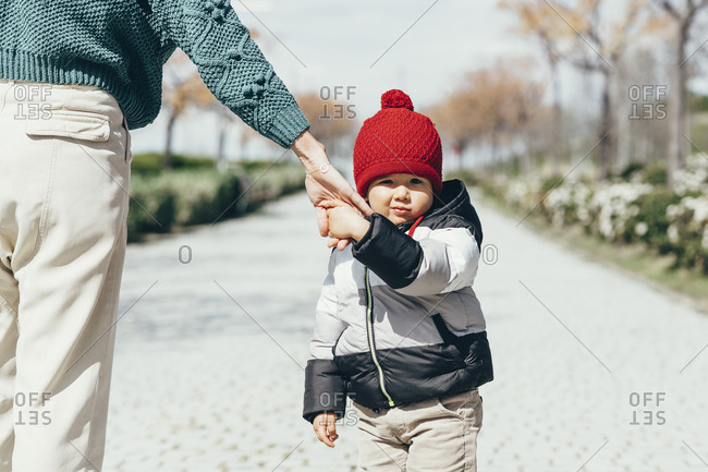 boys red bobble hat