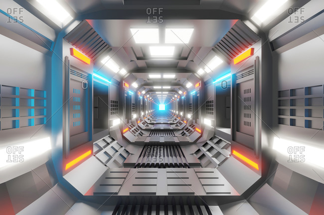 Three dimensional render of bright futuristic corridor
