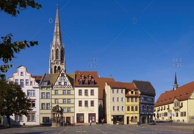 September 19, 2009: Green market with town church St. Maximi and town hall, Merseburg, Saxony Anhalt, Germany
