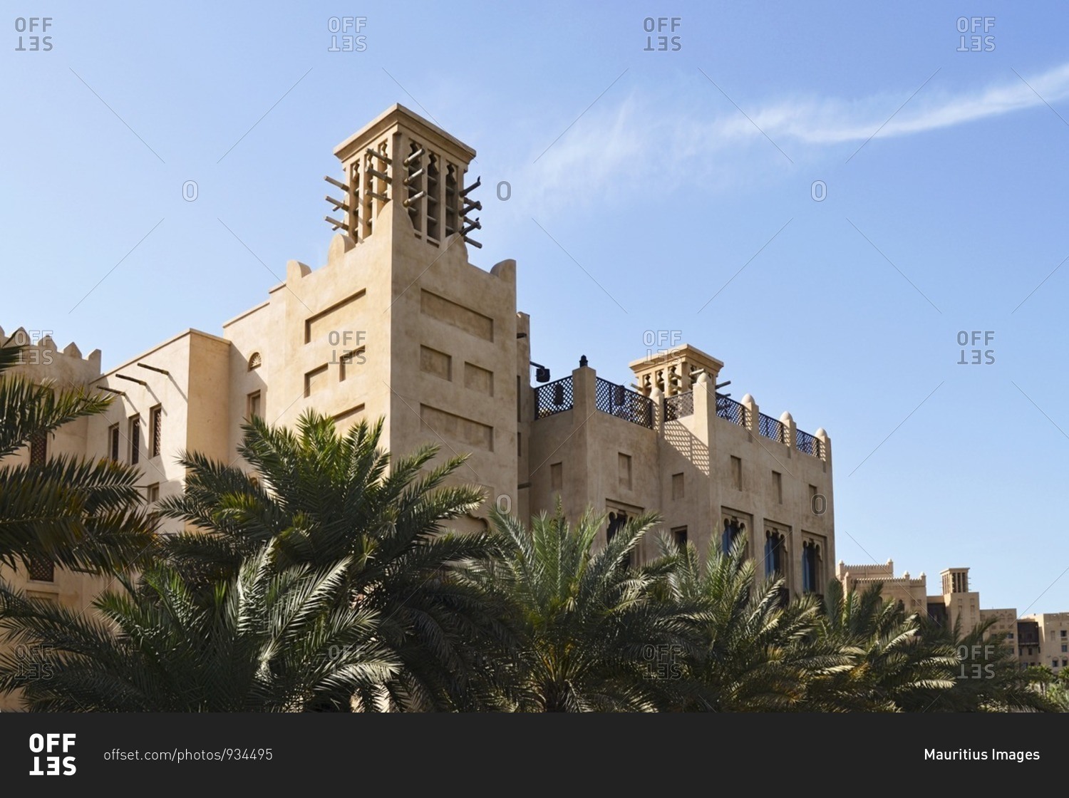 Architecture, wind towers, historical, Souk Madinat, Jumeirah, Emirate of Dubai, United Arab Emirates, Arabian Peninsula, Middle East