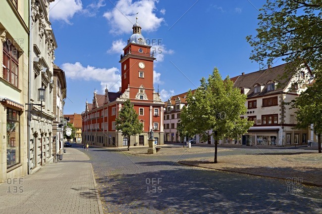July 18, 2010: Hauptmarkt with town hall in Gotha, Thuringia, Germany