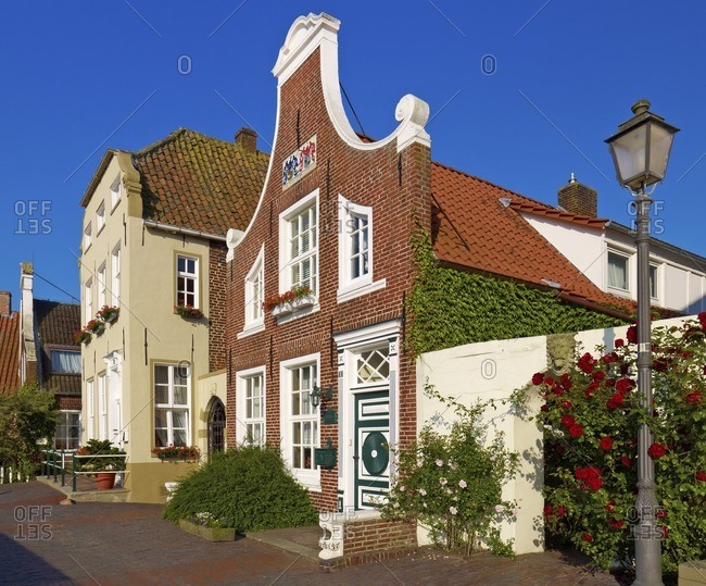Houses at the harbor, Greetsiel, East Frisia, Lower Saxony, Germany