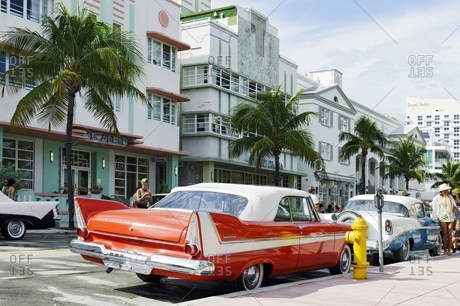 October 4, 2010: Plymouth Belvedere Convertible, year 1957, fifties, classic American car, Ocean Drive, Miami South Beach, Art Deco District, Florida, USA