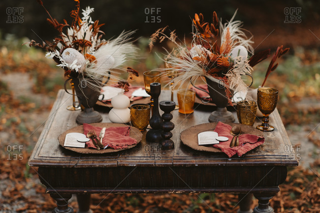 Rustic table set with fall decorations outdoors