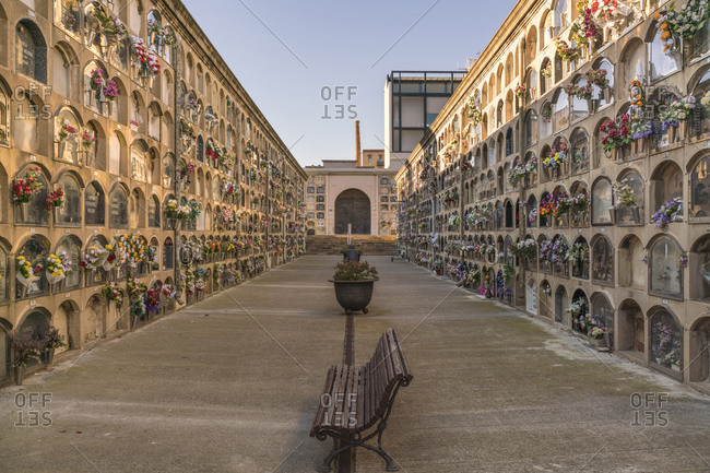 Barcelona, Spain - November 8, 2016: Passage in historic Poblenou Cemetery in Barcelona in summer