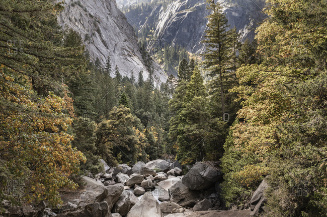 Dry view of the rocky base from the Vernal Falls Bridge, Yosemite NP