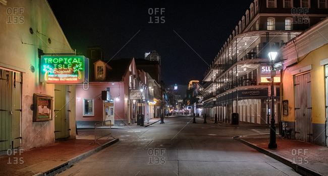 New Orleans, LA, United States - March 17, 2020: Empty Bourbon Street in the French Quarter During COVID-10 Quarantine