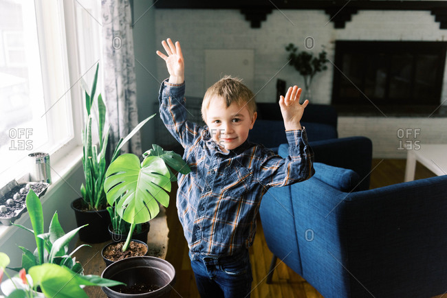 Little happy boy admiring his propagated monstera philodendron.