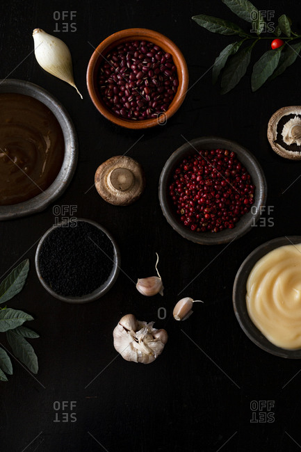 Variety of ingredients on dark background