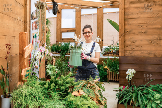 Happy adult woman smiling to the camera and carrying can with blooming flower while working in terrace garden