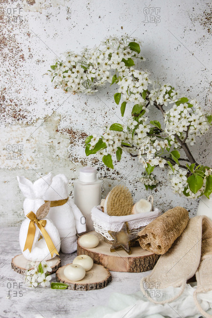 Eco friendly bathroom accessories and natural cosmetic products placed on table with blooming tree branch