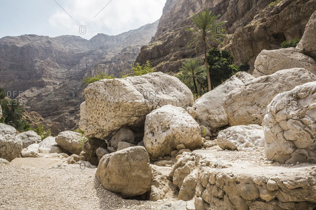 Oman- Ash Sharqiyah North Governorate- Boulders in Wadi Shab valley