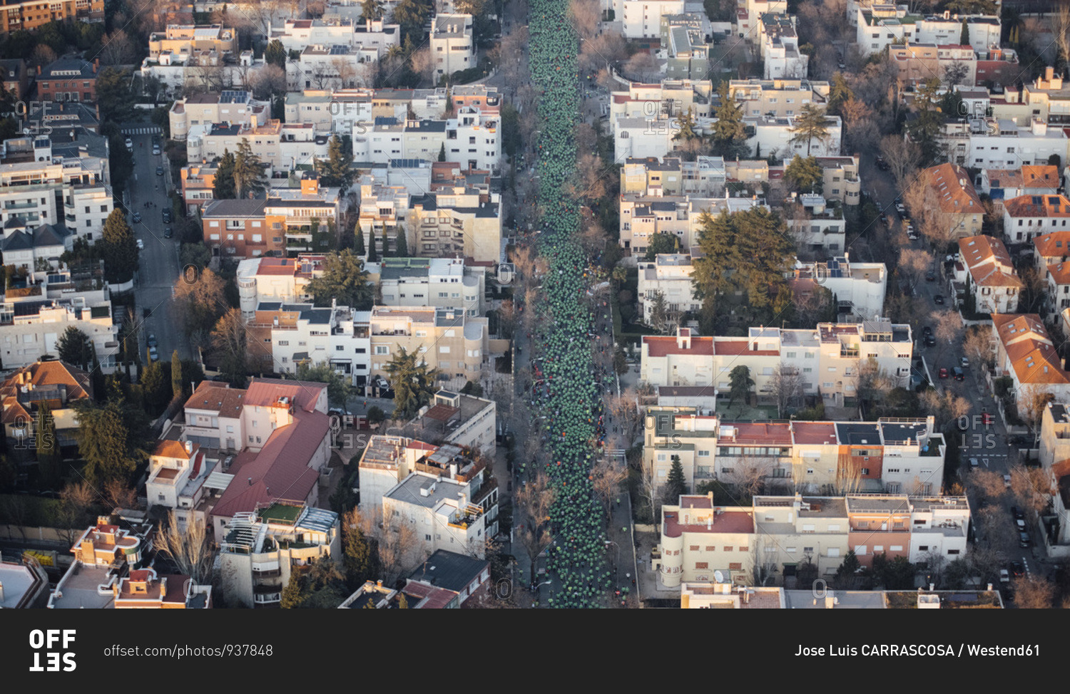 Spain- Madrid- Helicopter view of crowd of people participating in San Silvestre Vallecana marathon