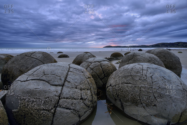 New Zealand- Otago- Moeraki- Close-up of cluster of Moeraki Boulders lying on Koekohe Beach at cloudy dusk