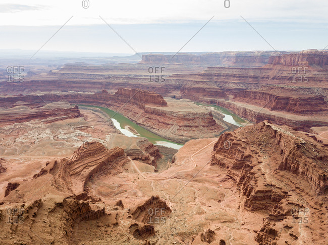 Aerial view of main viewpoint, canyons, river in Dead Horse Point at Dead Horse State Park, Moab, Utah