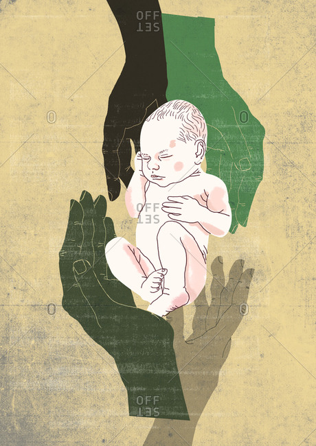 Four hands protect newborn sleeping baby, isolated on textured background, drawn with hand