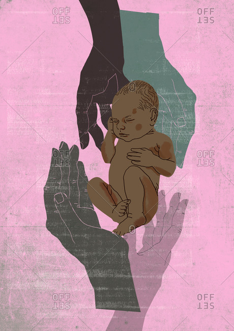 Four hands protect newborn sleeping black baby, isolated on textured background, drawn with hand