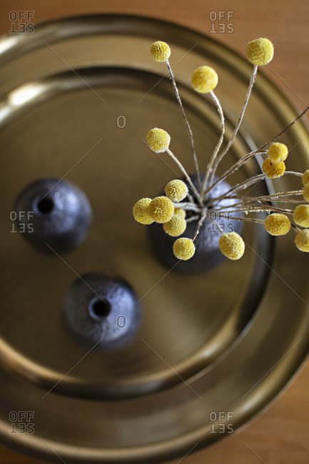 Brass tray with decorative vases