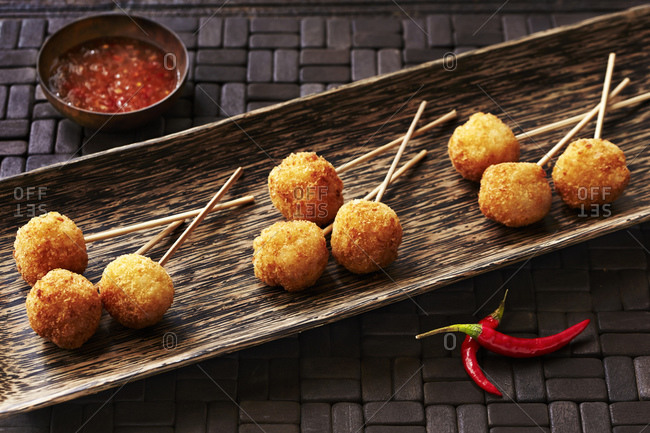 Still life with panko lollipops, asian canapes