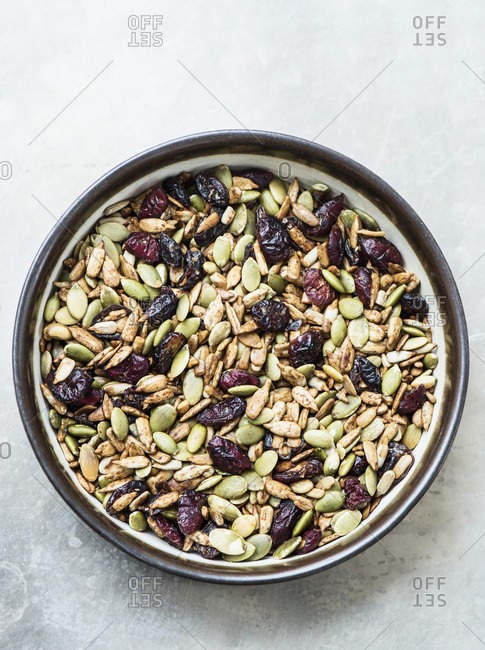 Variety of seeds and dried cranberries in bowl