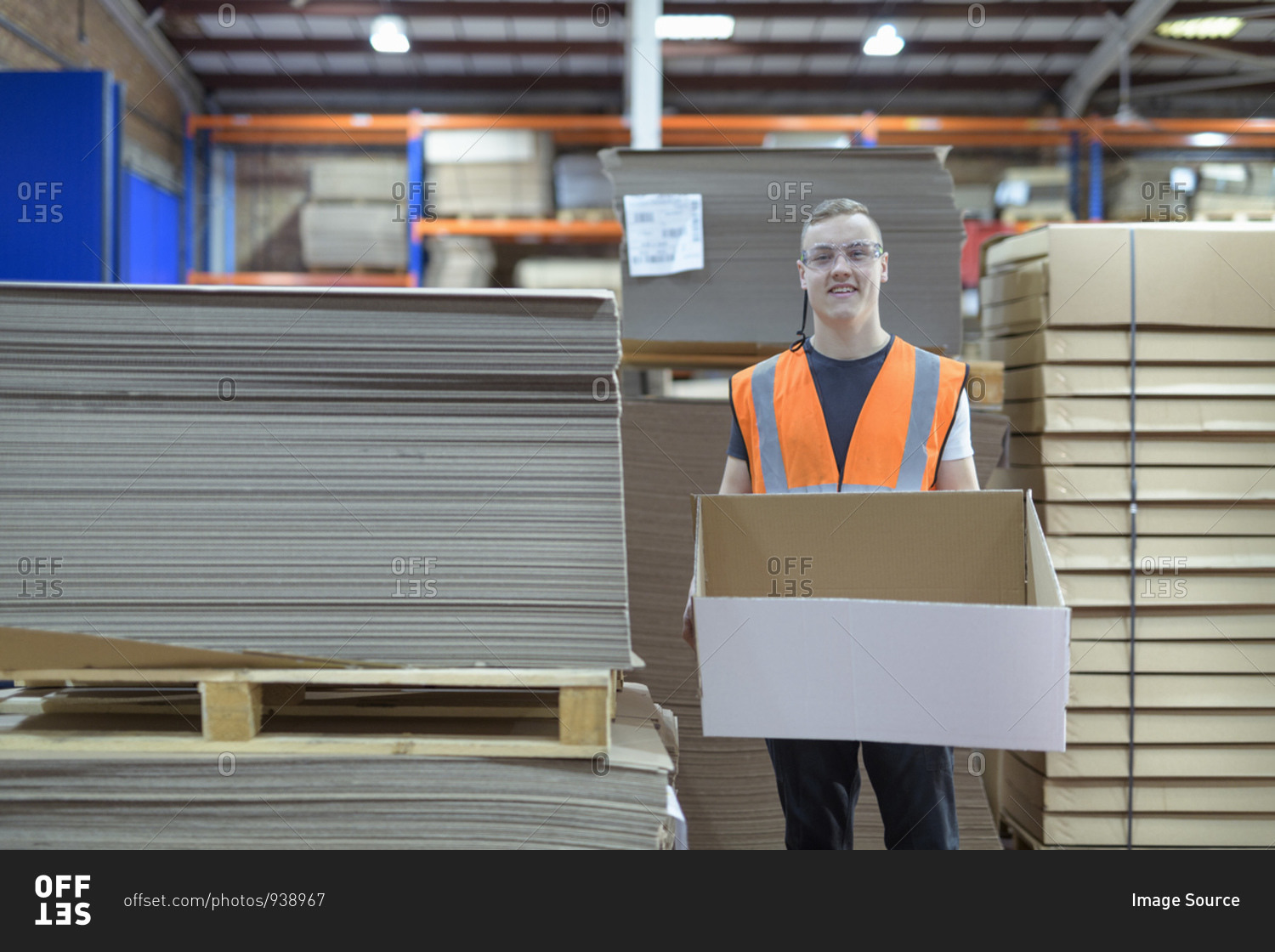 Portrait of worker in cardboard box factory