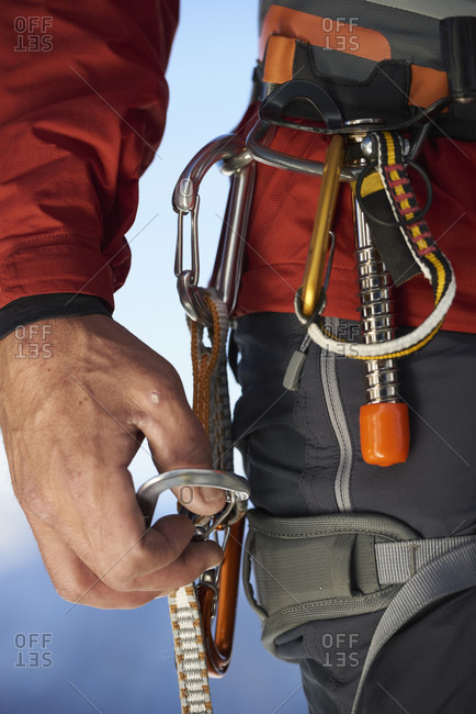 Safety harness worn by mountaineer