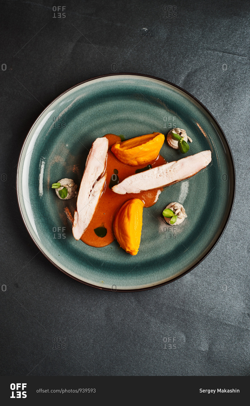 molecular pumpkin puree, tomato dishes, chicken breast with a puree of celery, sunflower seeds, greens