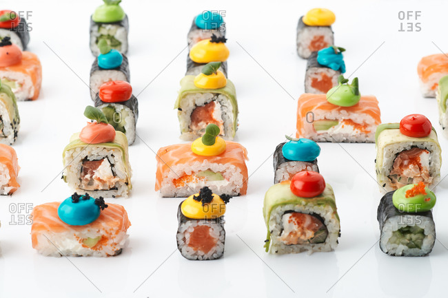 Assorted Japanese sushi roll set on white background. Sushi menu