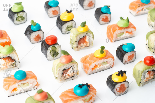 Assorted Japanese sushi roll set on white background. Sushi menu