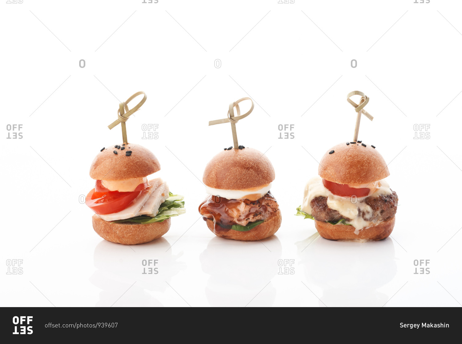 three mini burgers with ham and cheese, cheeseburger with beef Patty, chicken with barbecue